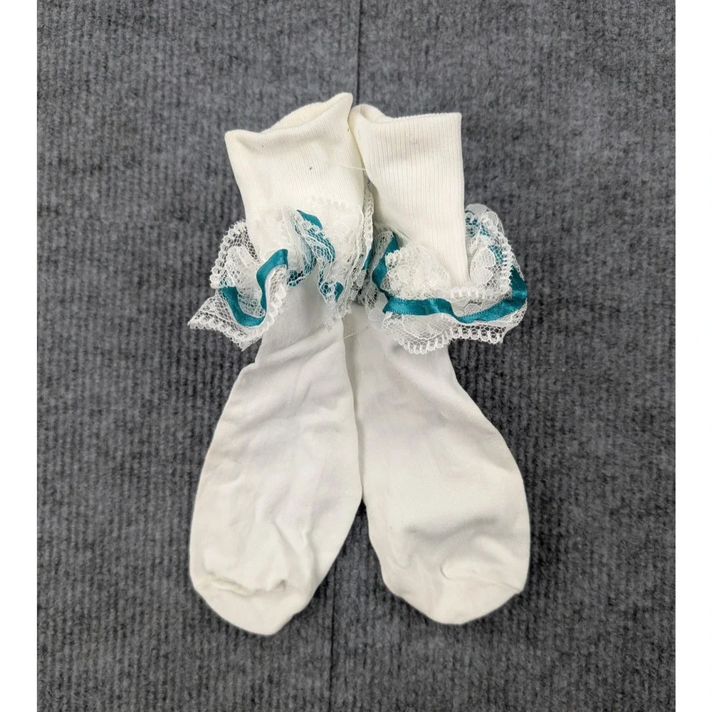 Vintage Lace Ruffle Socks Womens 9-11 Nylon Coquette White Teal Ribbon Girly Y2K